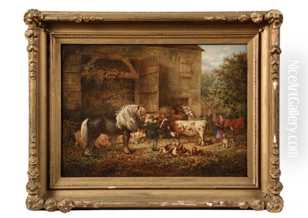 Southern Barnyard Genre Scene With Display Of Livestock Being Tended, Including Dray Horse... Oil Painting by William Garl Brown