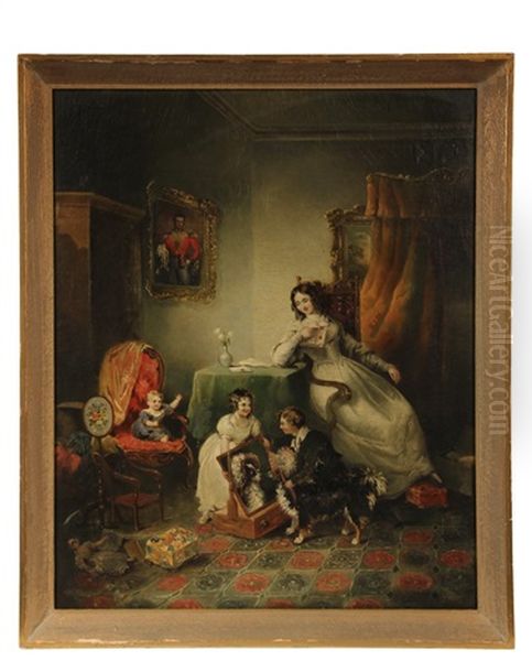 Southern Domestic Genre Scene Of Woman Reading Letter From Soldier Husband, Her Children Fitting A Bonnet To The Family Dog... Oil Painting by William Garl Brown