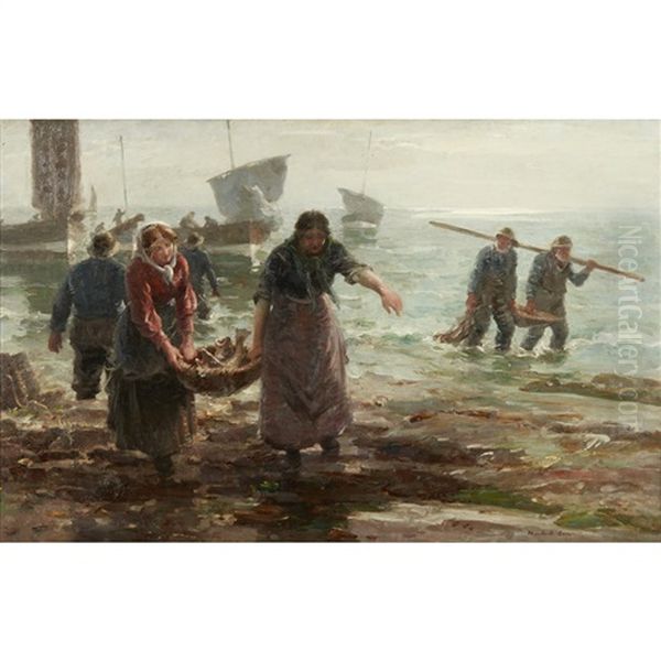 Unloading The Catch Oil Painting by William Marshall Brown