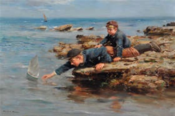 Boys With Model Boat On A Rocky Shore Oil Painting by William Marshall Brown