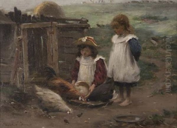 Feeding The Chickens Oil Painting by William Marshall Brown