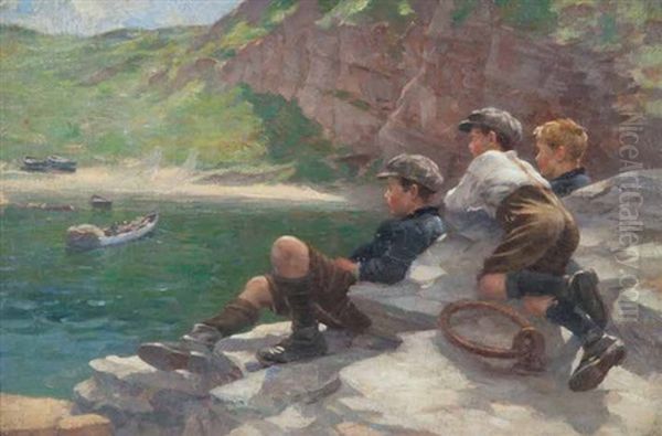 Boys At The Cove Harbour Oil Painting by William Marshall Brown