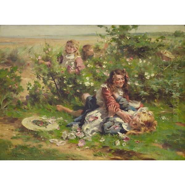 Young Girls Playing In A Garden Oil Painting by William Marshall Brown