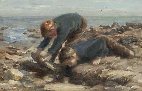 Boys Playing In A Rock Pool Oil Painting by William Marshall Brown