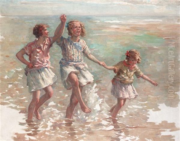 Paddling In The Sea Oil Painting by William Marshall Brown