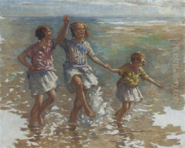 Paddling In The Sea Oil Painting by William Marshall Brown