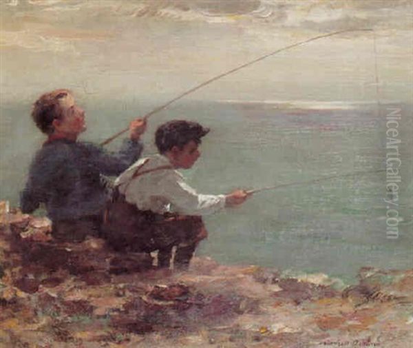 Boys Fishing Oil Painting by William Marshall Brown