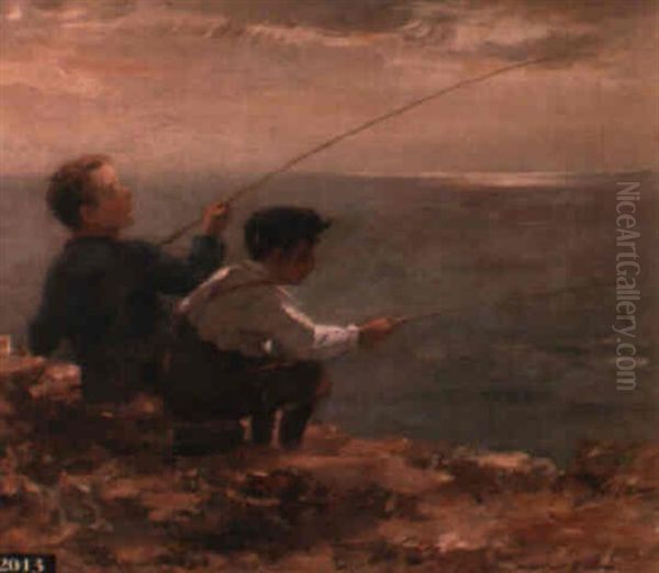 Boys Fishing Oil Painting by William Marshall Brown