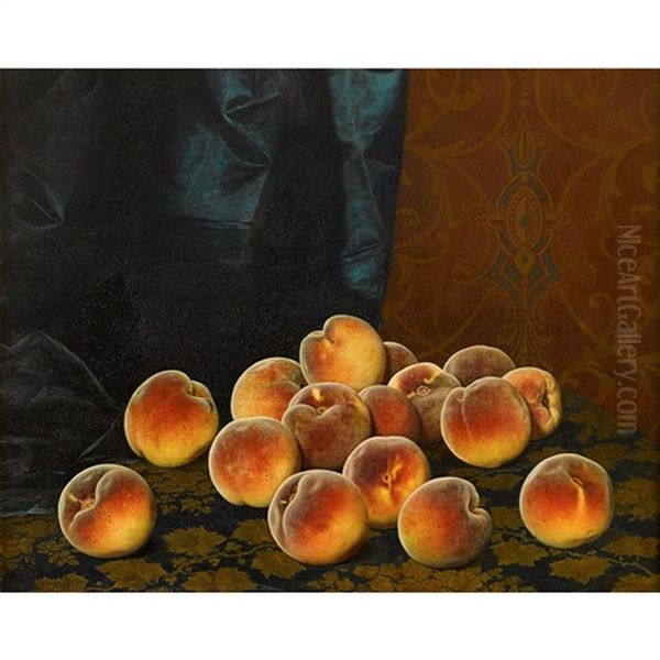 Still Life With Peaches On A Tapestry Oil Painting by William Mason Brown