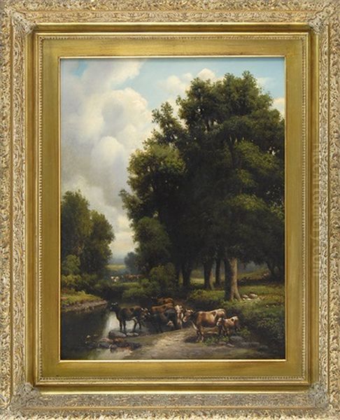 Cattle Grazing At The Water's Edge Oil Painting by William Mason Brown