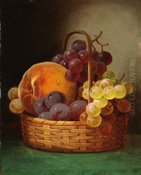 Still Life Of Grapes And A Peach In A Woven Basket Oil Painting by William Mason Brown