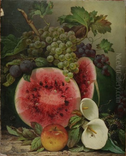 Still Life With Watermelon, Fruit And Calla Lillies Oil Painting by William Mason Brown