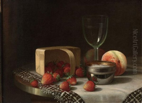 Still Life Of Strawberries, Peaches, Silver And A Wine Glass On A Table Oil Painting by William Mason Brown