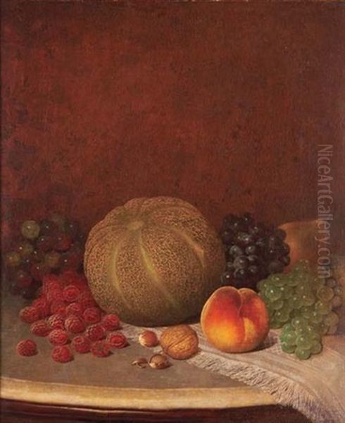 Still Life With Melon, Grapes, Peach, Pear And Nuts Oil Painting by William Mason Brown