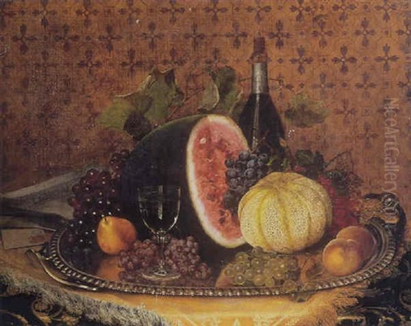 A Still Life With Fruit And Wine On A Silver Platter Oil Painting by William Mason Brown