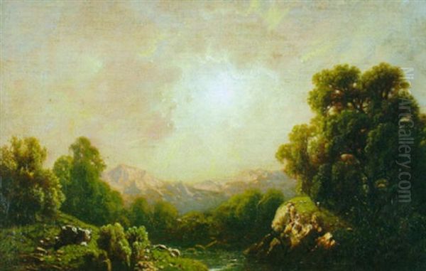 Luminist River Landscape With Distant Mountains Oil Painting by William Mason Brown