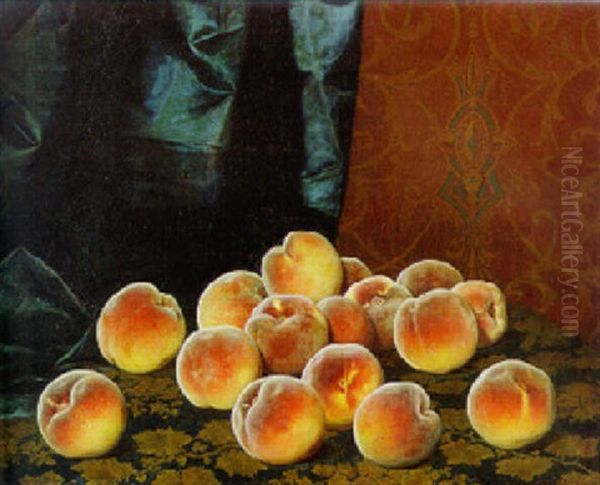 Still Life Of Peaches On Tapestry Oil Painting by William Mason Brown