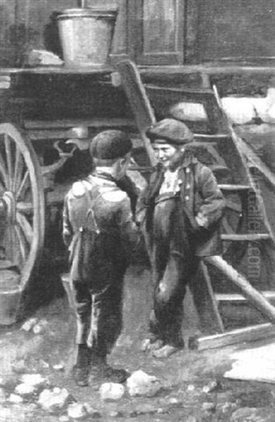 Portrait Of Two Young Boys Discussing Life Outside A Wagon With Red Wheels Oil Painting by William Mason Brown