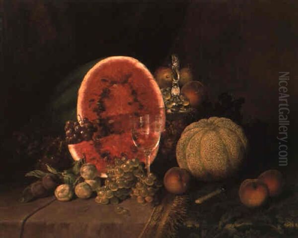 Still Life With Watermelon, Grapes, Peaches... Oil Painting by William Mason Brown