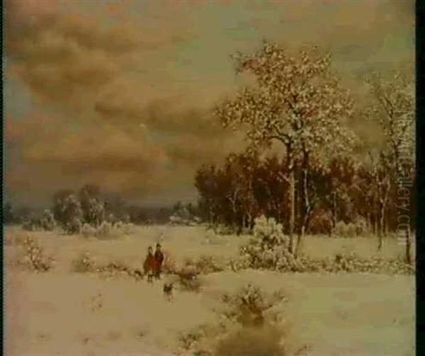 Children In Snowy Landscape Oil Painting by William Mason Brown