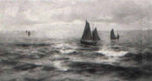 The Fishing Fleet At Dusk Oil Painting by Alfred J. Warne Browne