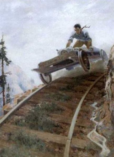 One-man Rail Car Racing Down A Mountain Track Oil Painting by Belmore Browne