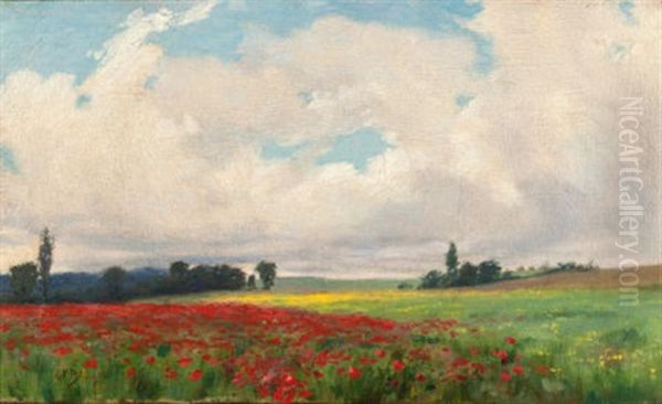 A French Poppy Field Oil Painting by Charles Francis Browne