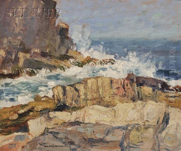 Waves Crashing On A Rocky Coast Oil Painting by George Elmer Browne