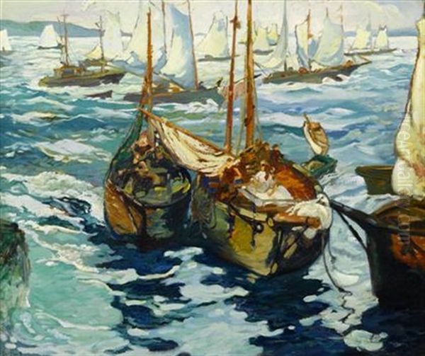 Fishing Boats Setting Sail Oil Painting by George Elmer Browne