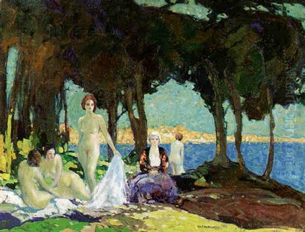 Women Bathing At A Lake Oil Painting by George Elmer Browne