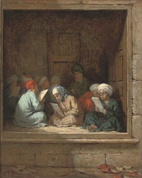 A Turkish Schoolroom Oil Painting by Henriette (Sophie) Bouteiller Browne