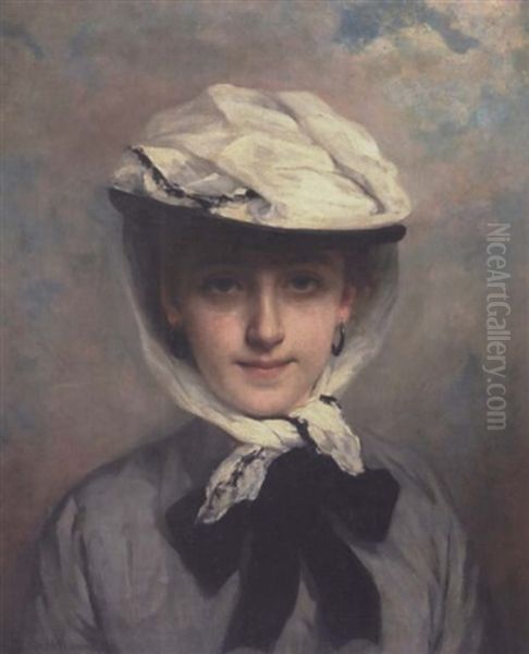 Portrait Of A Girl With Hat And Pierced Ears Oil Painting by Henriette (Sophie) Bouteiller Browne