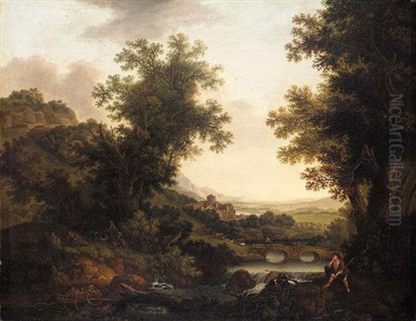 An Extensive Italianate Landscape With A Goat Herder In The Foreground Oil Painting by Joseph Browne