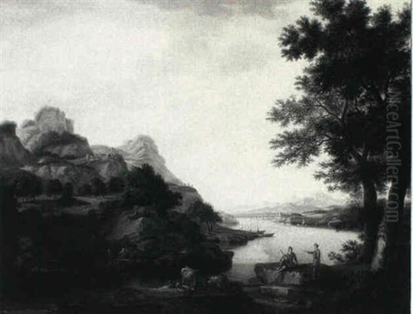 Extensive Rocky Landscape With Animals And Figures By A     River Oil Painting by Joseph Browne