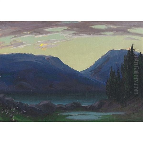 Sundown At Tadousac, Quebec (+ The Rising Moon At Tadousac, Quebec; 2 Works) Oil Painting by Joseph Archibald Browne