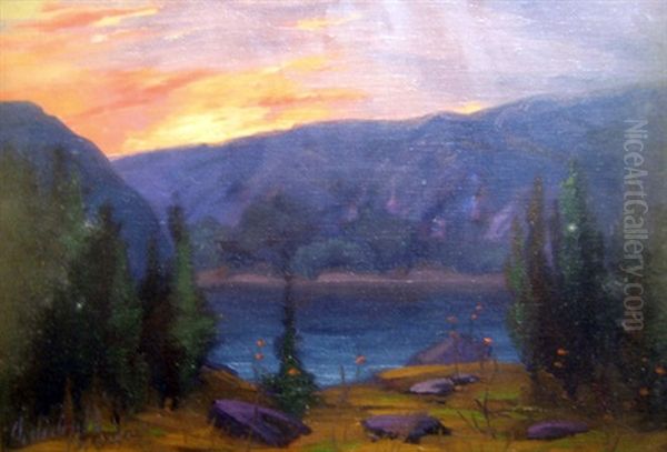 Sundown At Tadousac, Quebec (+ The Rising Moon At Tadousac, Quebec; 2 Works) Oil Painting by Joseph Archibald Browne