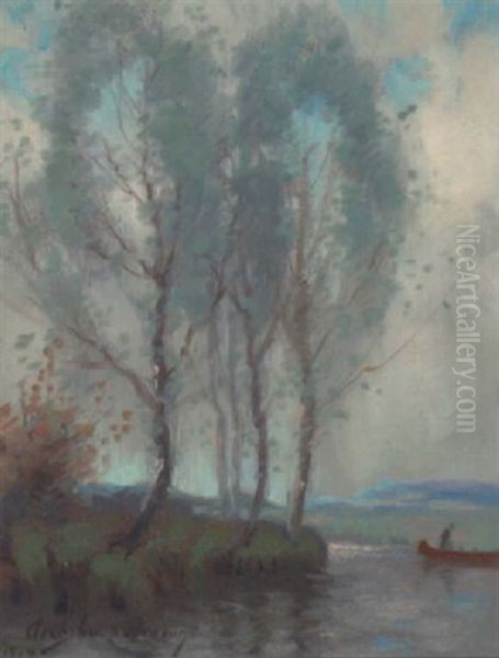 Trees By A River With A Man In A Canoe Oil Painting by Joseph Archibald Browne