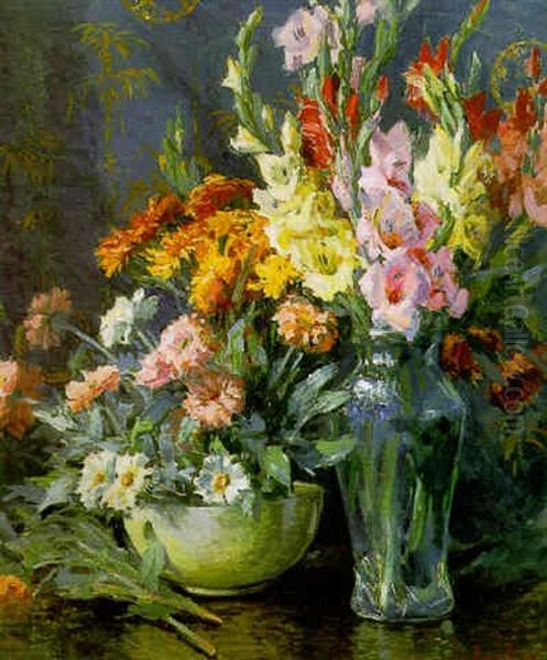 Zinnias And Gladiolas Oil Painting by Matilda (Van Wyck) Browne