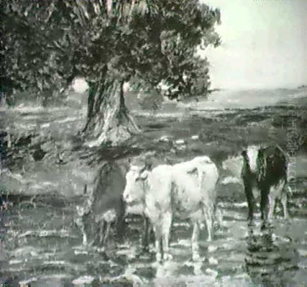 Cows In A Stream Oil Painting by Matilda (Van Wyck) Browne