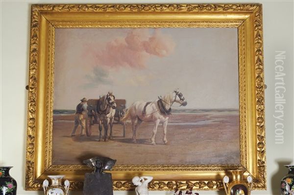 Work Horses And Handler On The Beach Oil Painting by Nassau Blair Browne