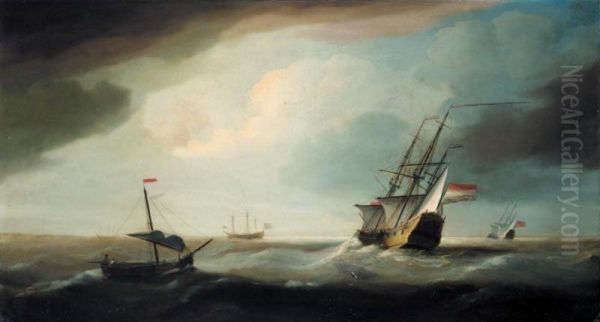 English And Dutch Men Of War In A Swell Oil Painting by Thomas Allen