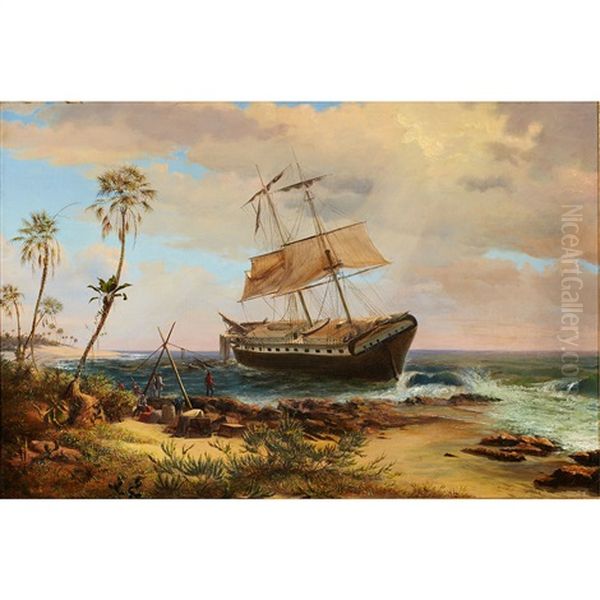 Wreck Of The Caspian-near Mariel, N. Coast Of Cuba, Jan. 1857 Oil Painting by Charles DeWolf Brownell