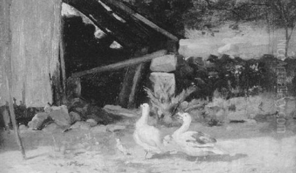 Ducks In The Barnyard Oil Painting by Charles DeWolf Brownell