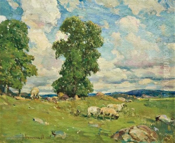 Sheep On A Sunny Hillside Oil Painting by Peleg Franklin Brownell