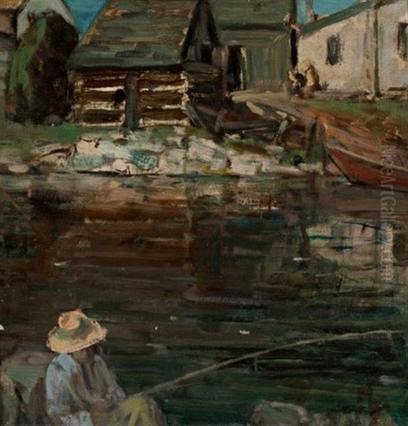 Boy Fishing Oil Painting by Peleg Franklin Brownell