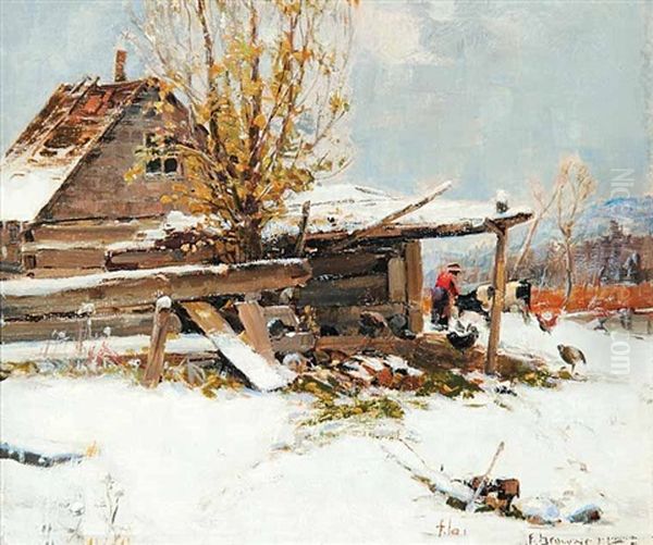 Untitled - Barnyard Chores In Winter Oil Painting by Peleg Franklin Brownell