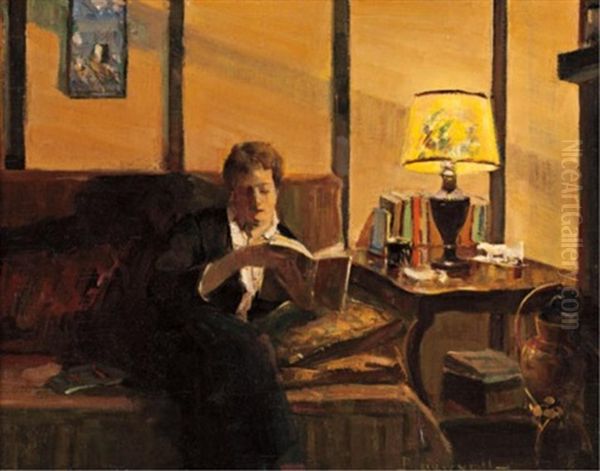 Reading By Lamplight Oil Painting by Peleg Franklin Brownell