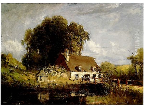 Farm House On The Canal With Bridge Oil Painting by Peleg Franklin Brownell