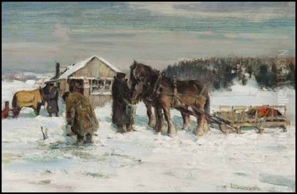 Winter, Feeding The Horses (+ Landscape, Verso) Oil Painting by Peleg Franklin Brownell