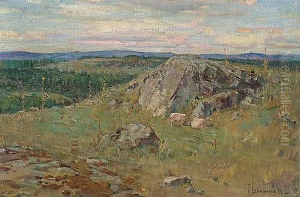 A Pastoral Scene With Sheep Resting By A Rocky Outcropping (+ Another Similar; Pair) Oil Painting by Peleg Franklin Brownell